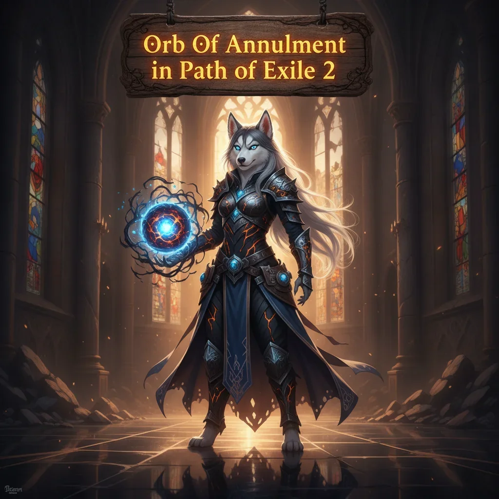 Fantasy artwork of an anthropomorphic Husky character, inspired by Path of Exile 2 Orb of Annulment content and related objectives.