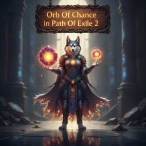 Fantasy game-inspired artwork featuring an anthropomorphic Husky character, themed around Path of Exile 2 Orb of Chance content.