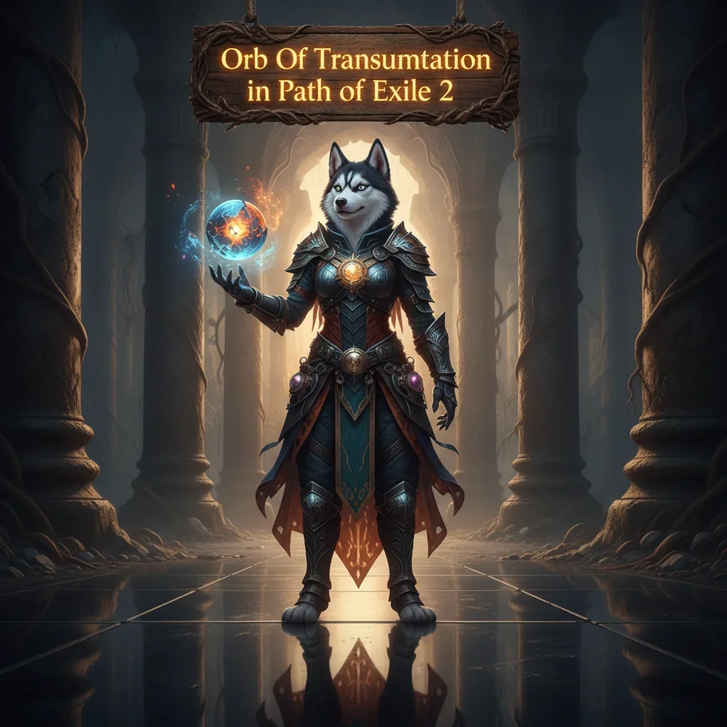 Fantasy artwork featuring an anthropomorphic husky character related to Path of Exile 2 Orb of Transmutation objectives.