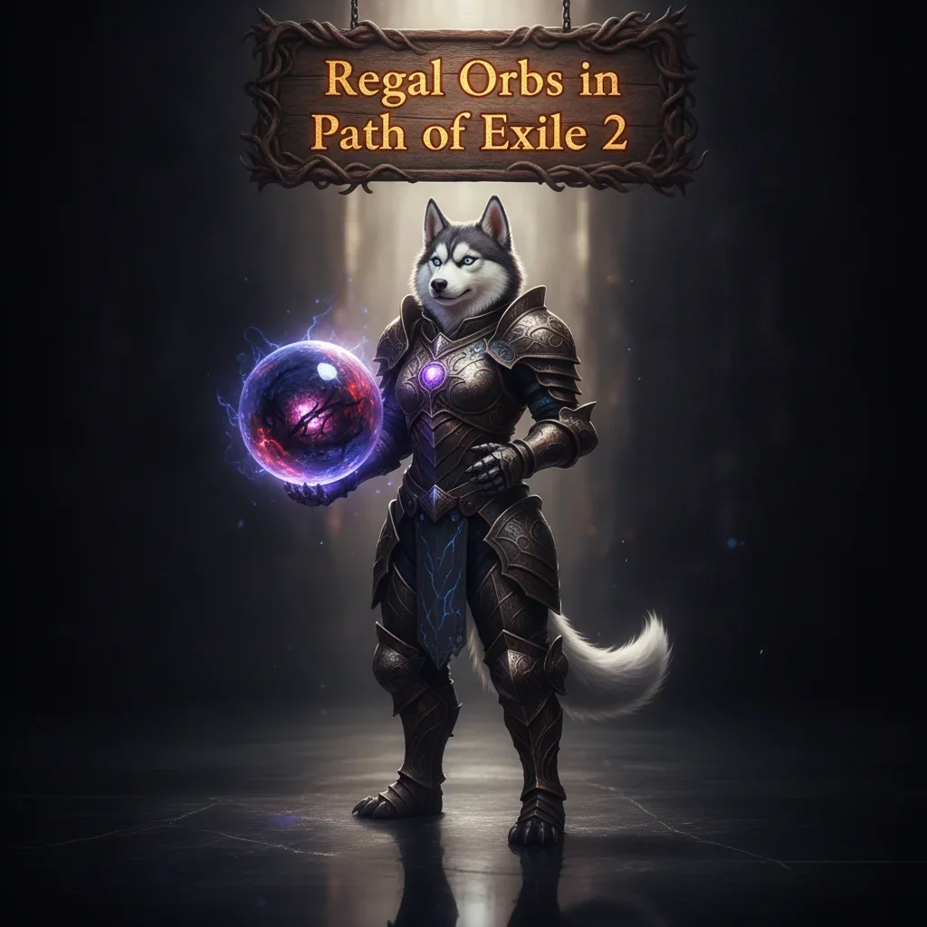 An anthropomorphic Husky character in fantasy attire, surrounded by elements inspired by Path of Exile 2 Regal Orbs.