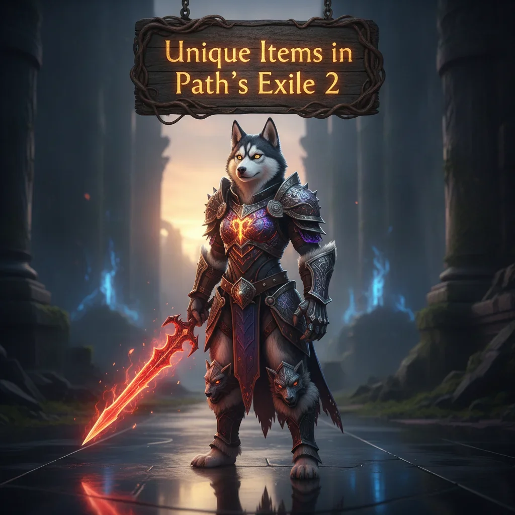Fantasy artwork of an anthropomorphic husky character related to Path of Exile 2 unique item acquisition.