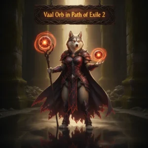 Fantasy artwork of an anthropomorphic husky character in a dark, mysterious environment, themed around Vaal Orb content in Path of Exile 2.