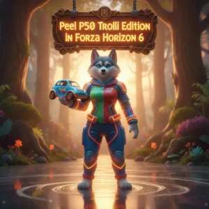 An anthropomorphic husky character in fantasy attire, standing beside a colorful Peel P50 Trolli Edition car within a vibrant, game-inspired racing environment, representing special vehicle challenges.