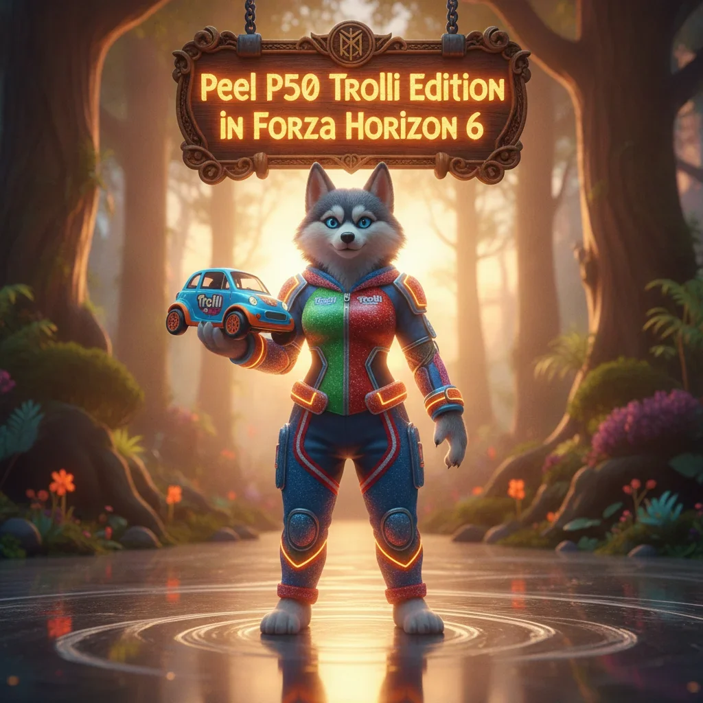 An anthropomorphic husky character in fantasy attire, standing beside a colorful Peel P50 Trolli Edition car within a vibrant, game-inspired racing environment, representing special vehicle challenges.