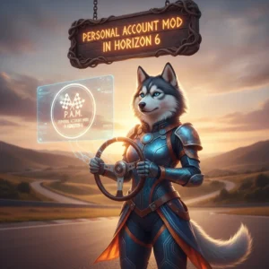 Anthropomorphic husky in fantasy attire for Forza Horizon 6 personal account customization content. Artwork represents account modification objectives and game progression.