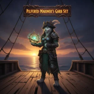 An anthropomorphic husky character dressed in a detailed pilfered mariner’s garb set, standing in a fantasy-inspired environment representing gear acquisition content and themed objectives.