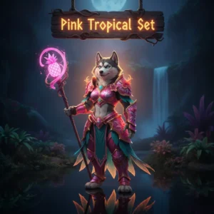 Anthropomorphic husky character in a vibrant pink tropical outfit within a dark fantasy WoW Midnight environment. Artwork represents cosmetic set collection and seasonal content.