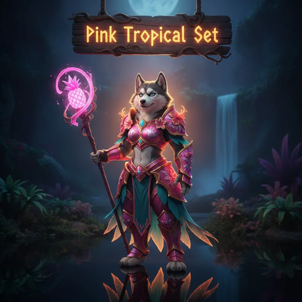 Anthropomorphic husky character in a vibrant pink tropical outfit within a dark fantasy WoW Midnight environment. Artwork represents cosmetic set collection and seasonal content.
