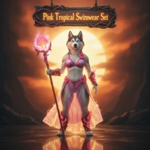 Fantasy artwork featuring an anthropomorphic husky character wearing a vibrant pink tropical swimwear set, set against a dark 'WoW Midnight' fantasy environment, representing seasonal cosmetic content.