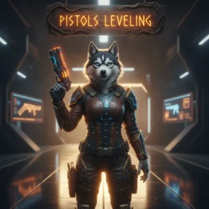 Anthropomorphic husky character in intricate fantasy armor, standing in a mystical game-inspired environment, representing weapon leveling content and equipment progression.