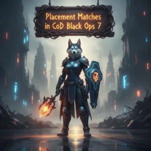Fantasy artwork featuring an anthropomorphic husky character in intricate armor, set in a dramatic, game-inspired environment, representing competitive placement matches in a shooter game.