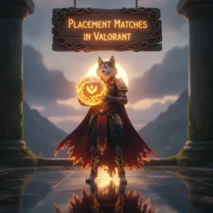 An anthropomorphic Husky character in ornate fantasy armor, within artwork themed around competitive placement matches and initial rank determination in a fantasy game world.