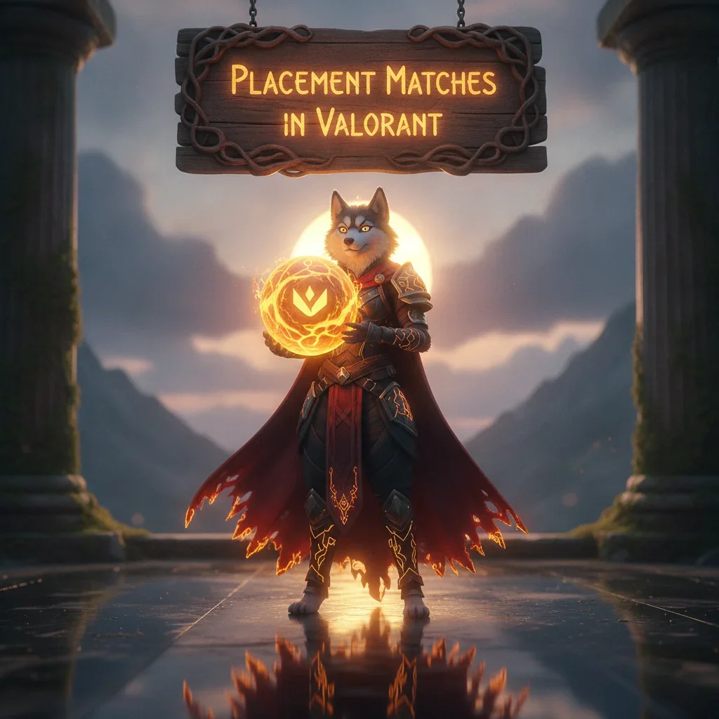 An anthropomorphic Husky character in ornate fantasy armor, within artwork themed around competitive placement matches and initial rank determination in a fantasy game world.