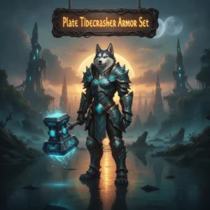Fantasy artwork featuring an anthropomorphic husky character adorned in the Plate Tidecrasher Armor Set, set against a mystical WoW Midnight-inspired environment. The image represents character gear acquisition content.