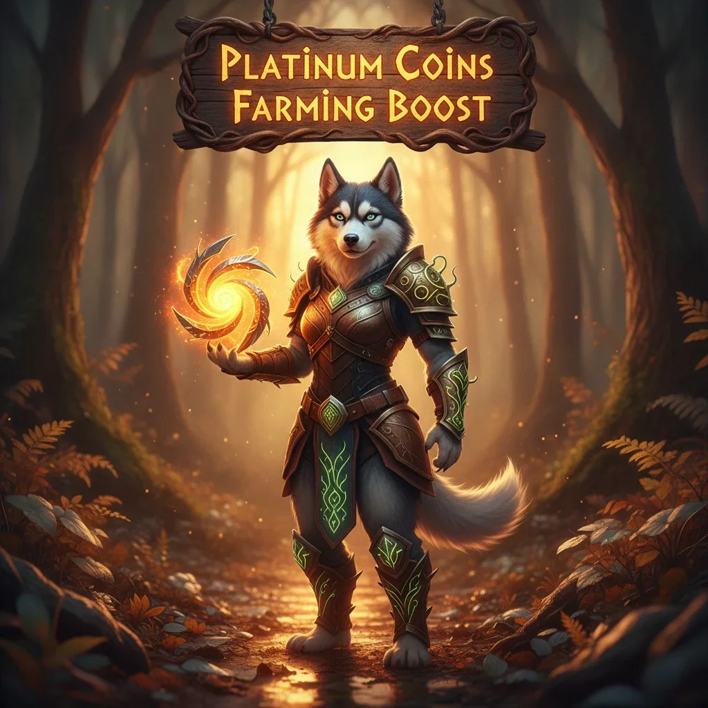Anthropomorphic husky character in fantasy armor amidst a magical landscape, representing platinum coin farming objectives in WoW MoP Classic content.
