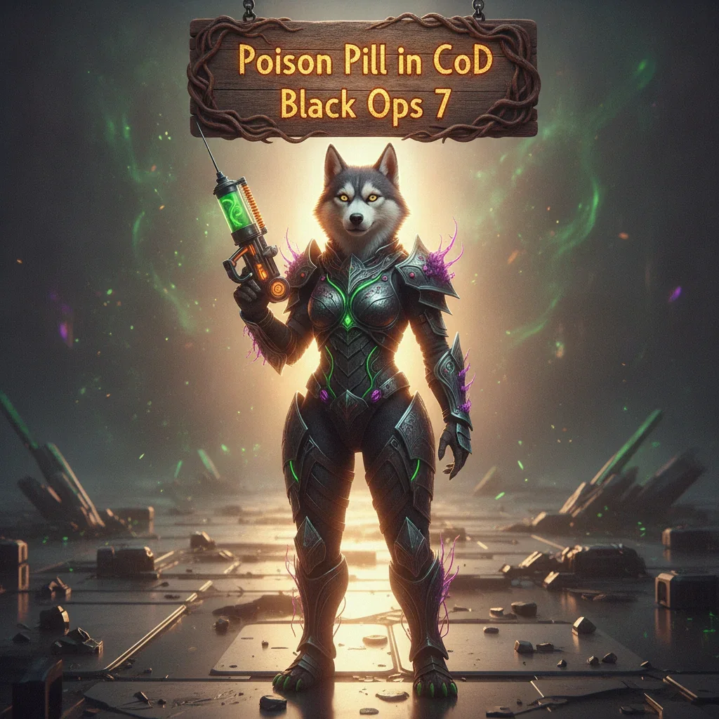 A fantasy artwork featuring an anthropomorphic Husky character in themed attire within an arcane environment, related to game content and objectives for a Poison Pill Boost.