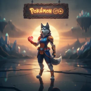 Fantasy game-inspired artwork featuring an anthropomorphic husky character representing Pokémon GO boosting services.
