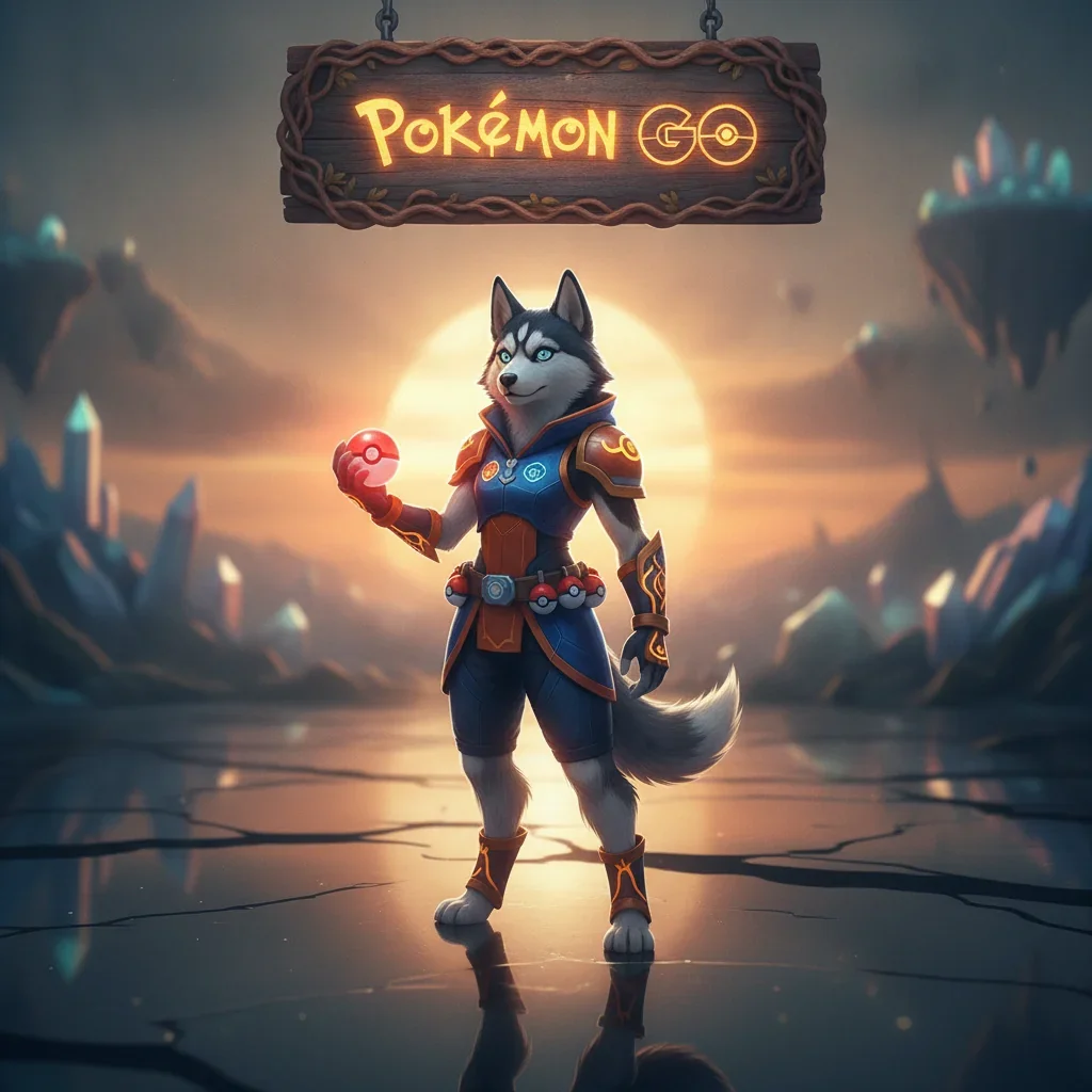 Fantasy game-inspired artwork featuring an anthropomorphic husky character representing Pokémon GO boosting services.