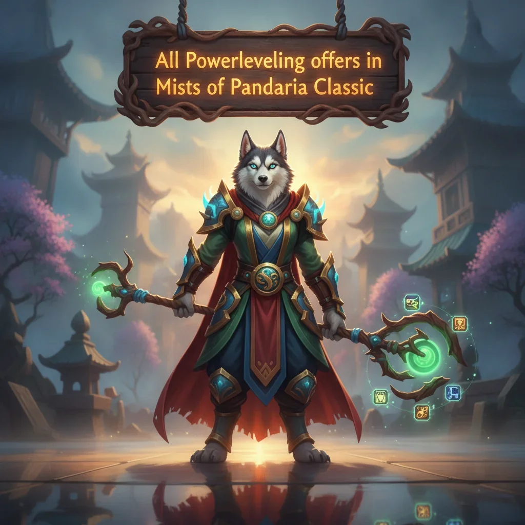 Fantasy artwork featuring an anthropomorphic husky character related to character leveling content and progression systems.