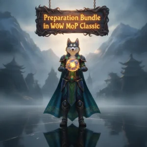 Fantasy artwork featuring an anthropomorphic husky character in an oriental-themed environment, related to Mists of Pandaria Classic content.