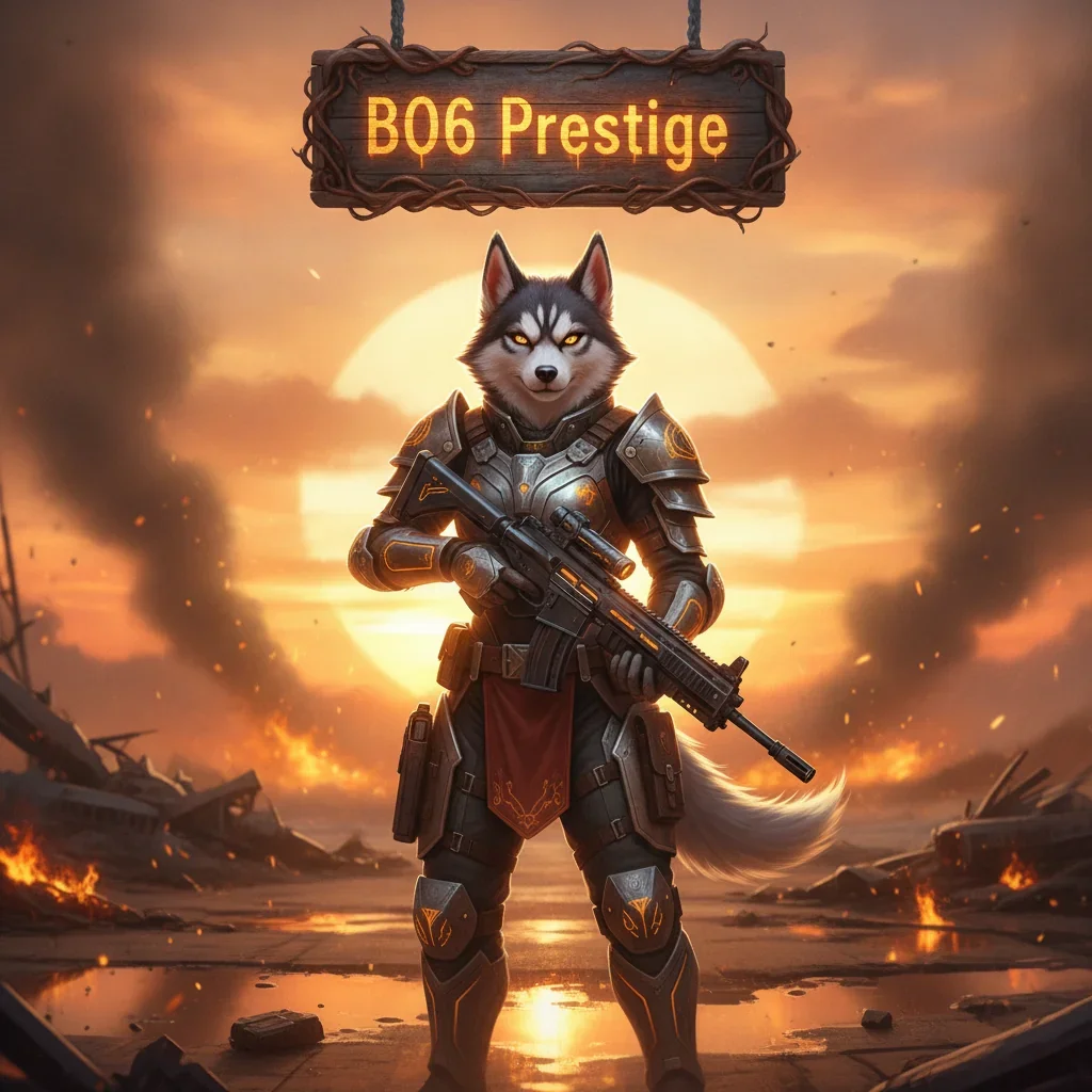 Anthropomorphic husky character in an epic fantasy setting, wearing ornate armor, representing the prestige rank advancement system and high-level objectives in a fantasy game theme.