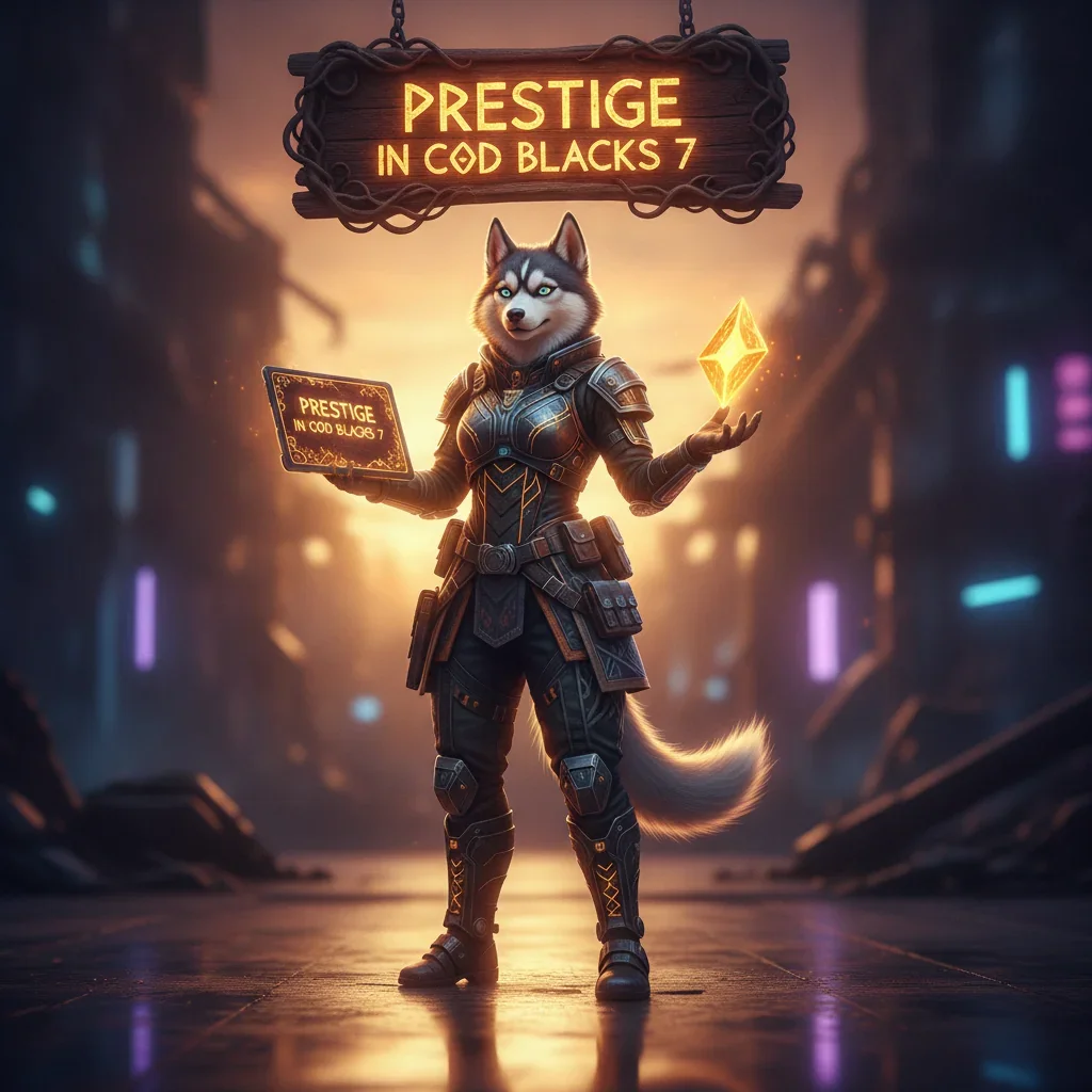 Fantasy artwork of an anthropomorphic Husky character, wearing tactical themed gear, representing rank progression and achieving Prestige levels in a game setting.