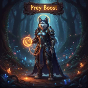 An anthropomorphic Husky character in fantasy armor stands in a dark, magical World of Warcraft-inspired environment, representing the Prey Boost content and related objectives within a Midnight theme.