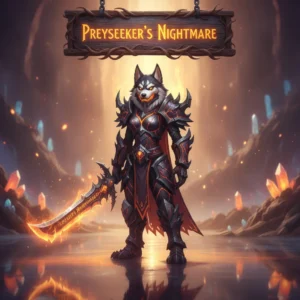Anthropomorphic husky character in fantasy armor, within a dark, ethereal environment inspired by Preyseeker's Nightmare content from WoW Midnight.