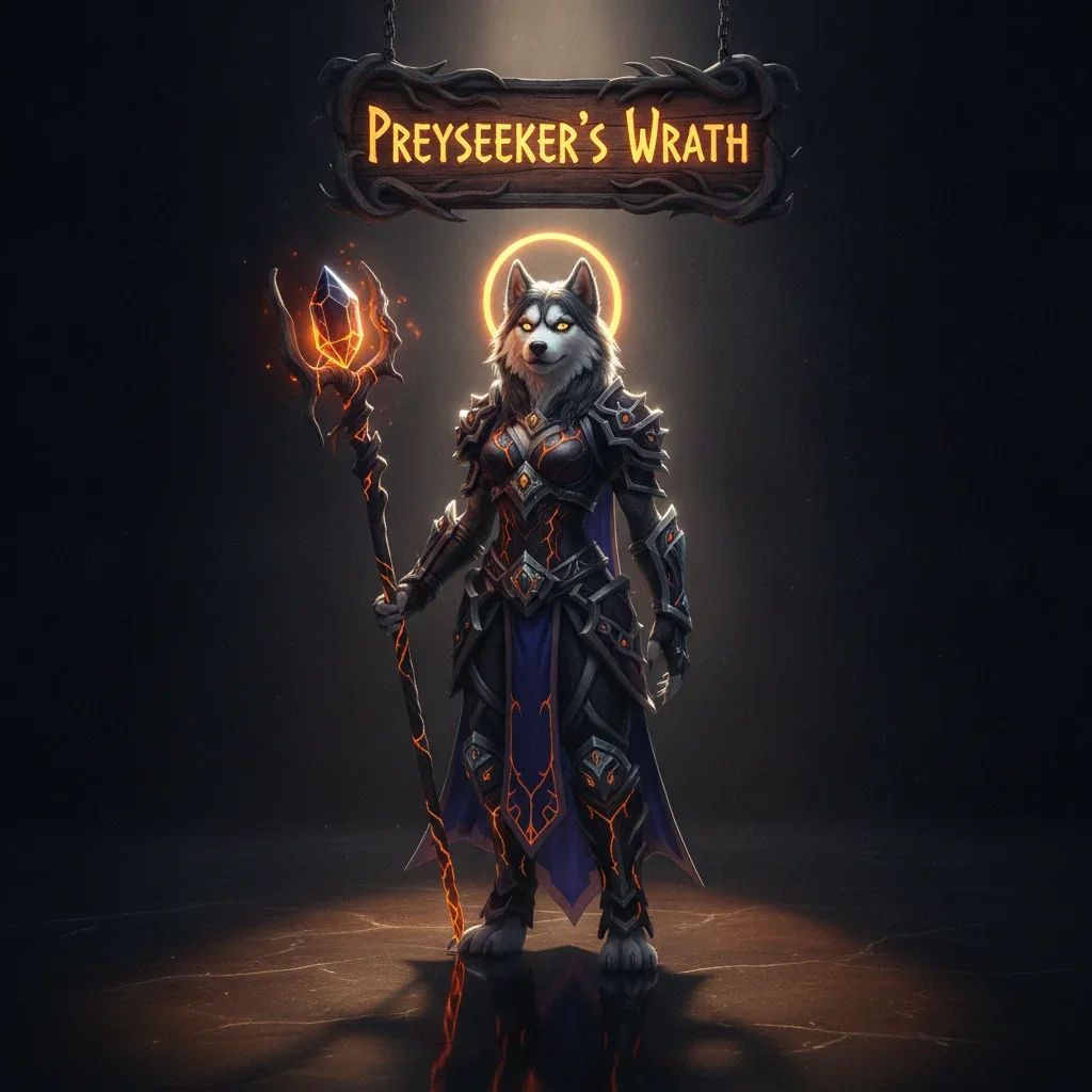 Fantasy artwork of an anthropomorphic husky in detailed armor, standing in a game-inspired environment, related to the Preyseeker's Wrath Boost content in WoW Midnight.