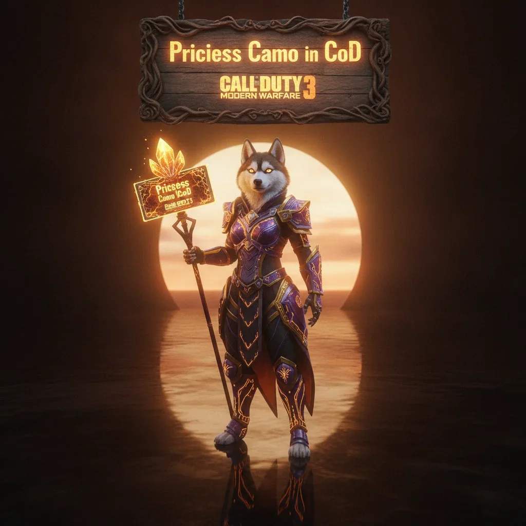 An anthropomorphic Husky character in fantasy armor standing in a mystical environment, representing Call of Duty Modern Warfare 3 weapon camouflage unlock content and progression objectives.