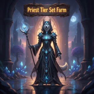 Fantasy artwork featuring an anthropomorphic husky character in intricate priest robes, representing the acquisition of specific class tier sets and endgame gear objectives in a game inspired by WoW Midnight.