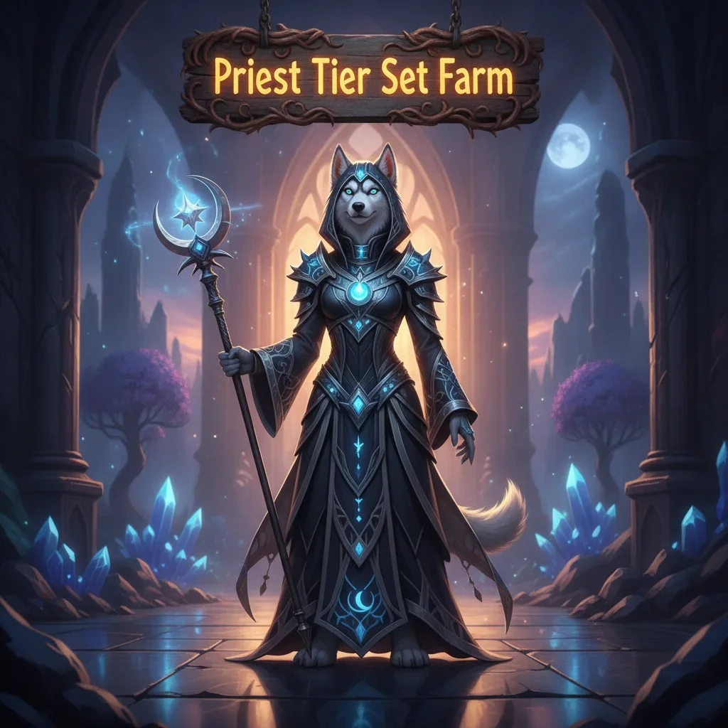 Fantasy artwork featuring an anthropomorphic husky character in intricate priest robes, representing the acquisition of specific class tier sets and endgame gear objectives in a game inspired by WoW Midnight.