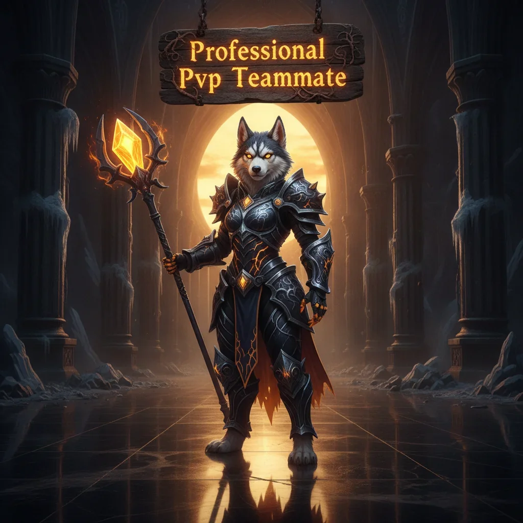 An anthropomorphic Husky character in detailed fantasy armor, standing in a dark, magical game environment, symbolizing competitive player versus player content and the concept of PvP teammate boosting.