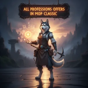 Fantasy artwork featuring an anthropomorphic Husky character, themed around professions and character development in a game setting.