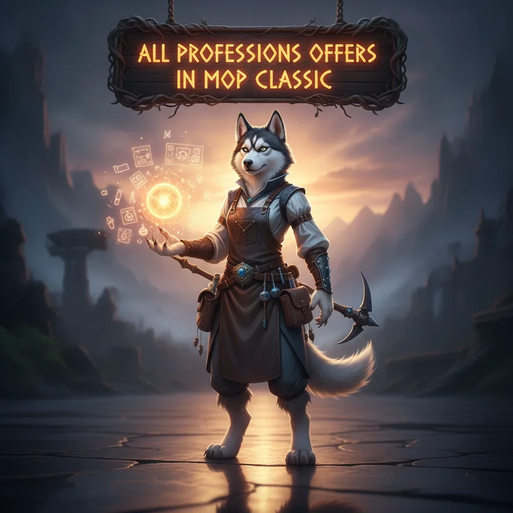 Fantasy artwork featuring an anthropomorphic Husky character, themed around professions and character development in a game setting.