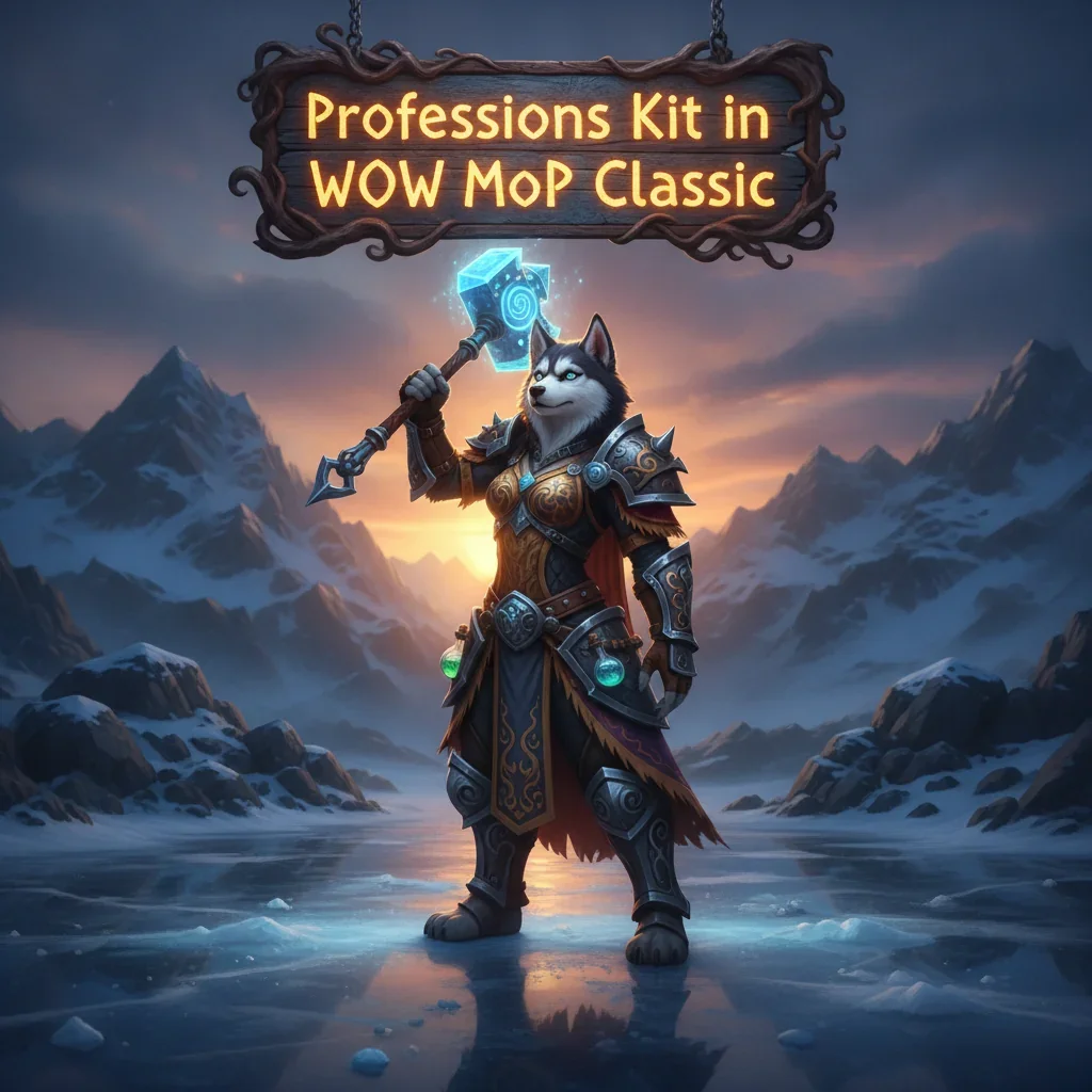 An anthropomorphic Husky character in fantasy armor, surrounded by elements representing professions in World of Warcraft Mists of Pandaria Classic.