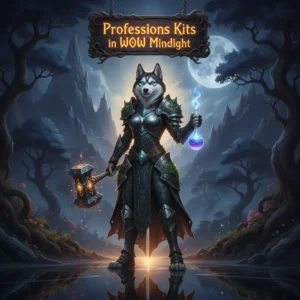 Fantasy artwork featuring an anthropomorphic husky in themed attire, set against a magical midnight backdrop, representing World of Warcraft profession kit enhancement content.