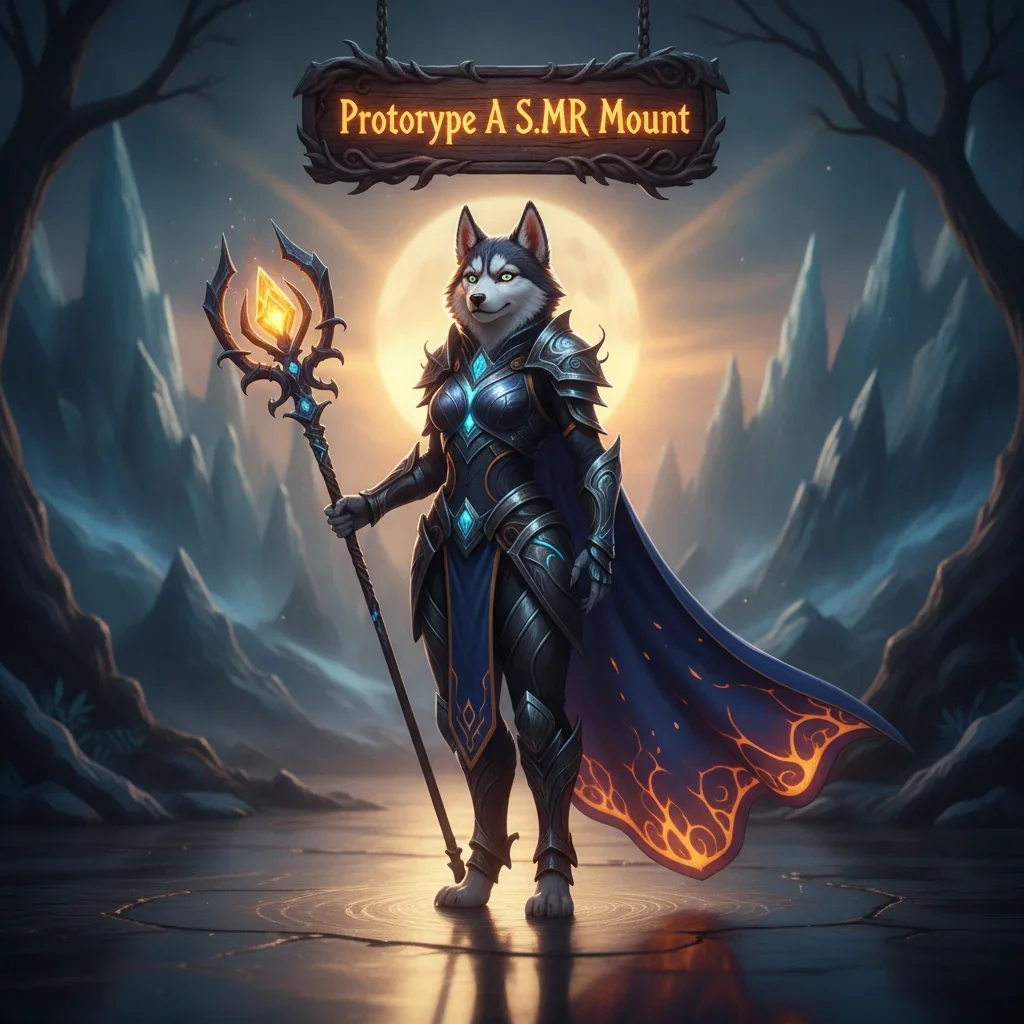 Fantasy artwork featuring an anthropomorphic husky character in arcane attire, representing prototype ASMR mount content for WoW Midnight, set in a mystical, nocturnal game environment.