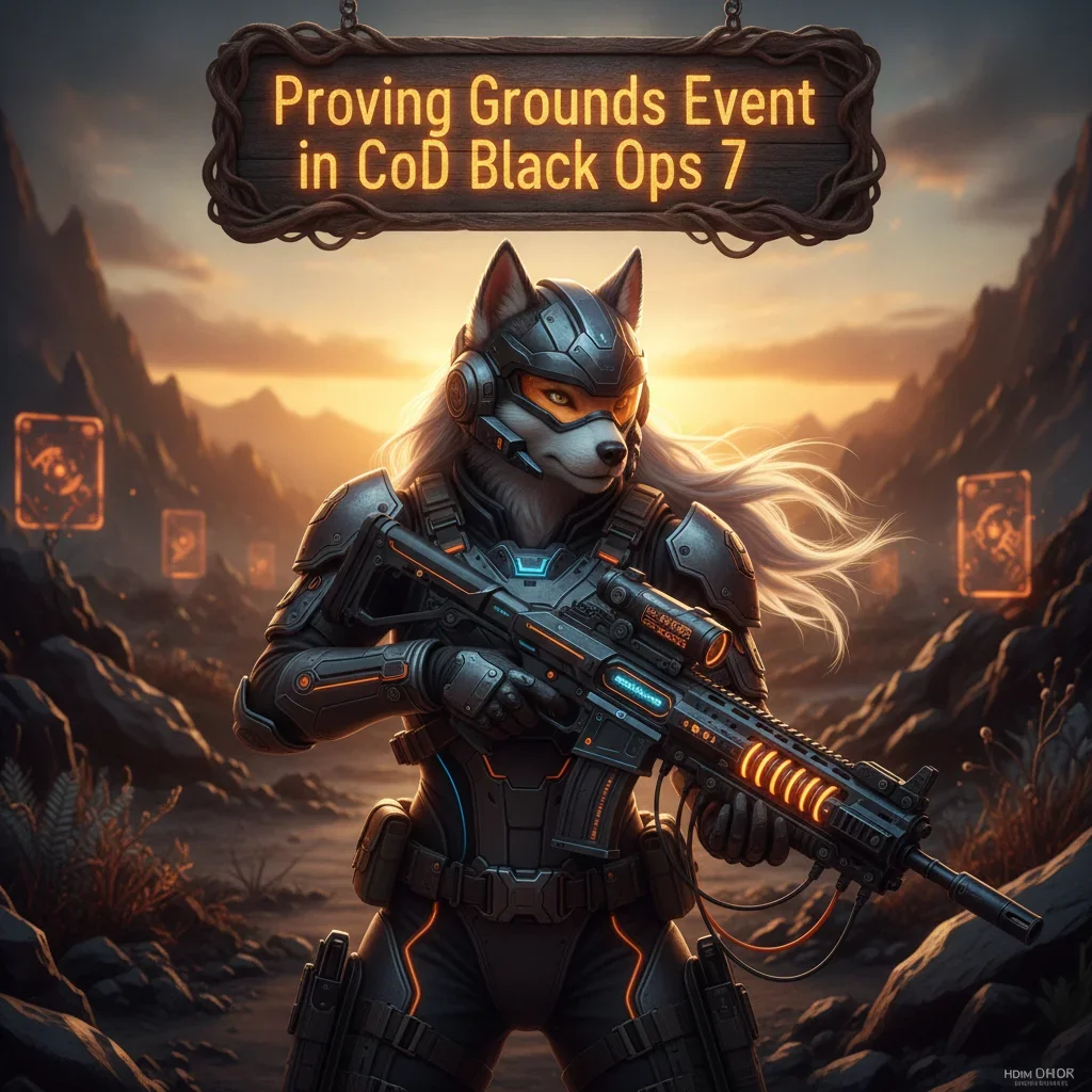 Anthropomorphic husky character in an adventurer's outfit, standing in a dynamic fantasy environment, inspired by proving grounds event content and challenges.