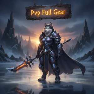 Artwork featuring an anthropomorphic Husky character adorned in impressive fantasy armor, connected to the content of obtaining full PvP gear for battle readiness.