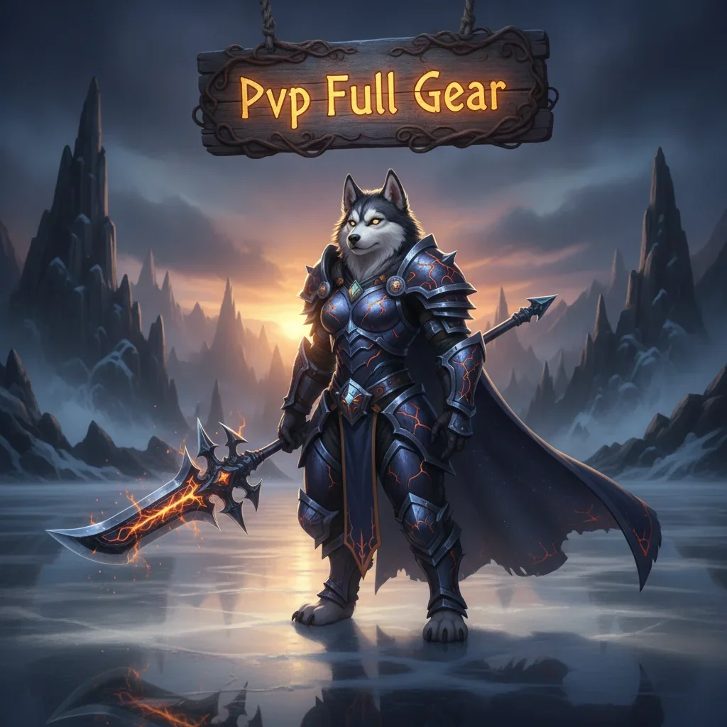 Artwork featuring an anthropomorphic Husky character adorned in impressive fantasy armor, connected to the content of obtaining full PvP gear for battle readiness.