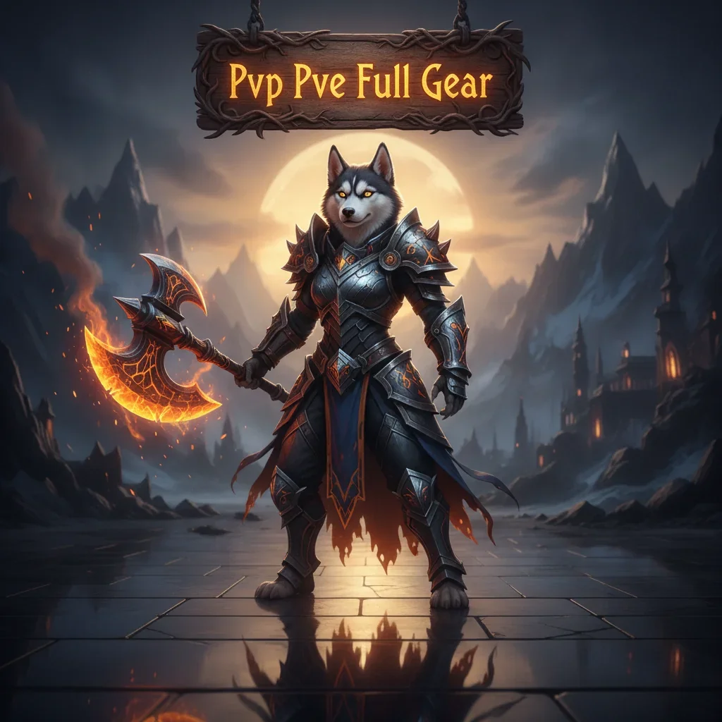 An anthropomorphic Husky character in intricate fantasy armor stands heroically, representing the challenge and rewards of PvP and PvE full gear acquisition in a mythical game world.