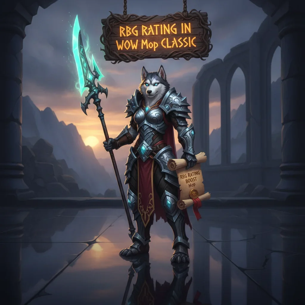 A fantasy game-inspired artwork featuring an anthropomorphic husky character in armor, themed around RBG rating objectives.