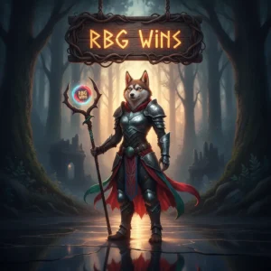 An anthropomorphic Husky character in fantasy armor amidst a game-inspired battleground, representing RBG wins objectives.