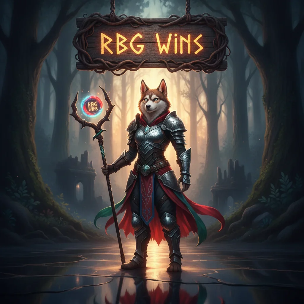 An anthropomorphic Husky character in fantasy armor amidst a game-inspired battleground, representing RBG wins objectives.