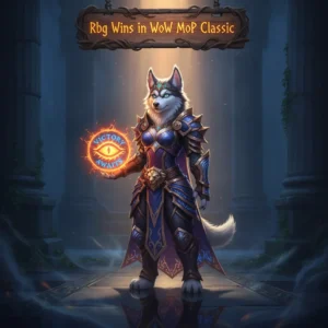 Fantasy game-inspired artwork featuring an anthropomorphic husky character amidst a Mists of Pandaria battleground theme.