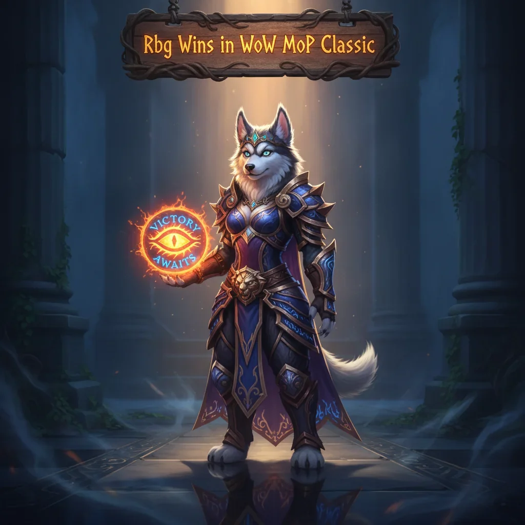 Fantasy game-inspired artwork featuring an anthropomorphic husky character amidst a Mists of Pandaria battleground theme.
