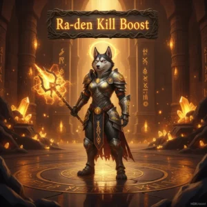 Fantasy artwork featuring an anthropomorphic Husky character in heroic fantasy armor, inspired by the Ra-den kill boost content in World of Warcraft Mists of Pandaria Classic, set in a mystical raid environment.
