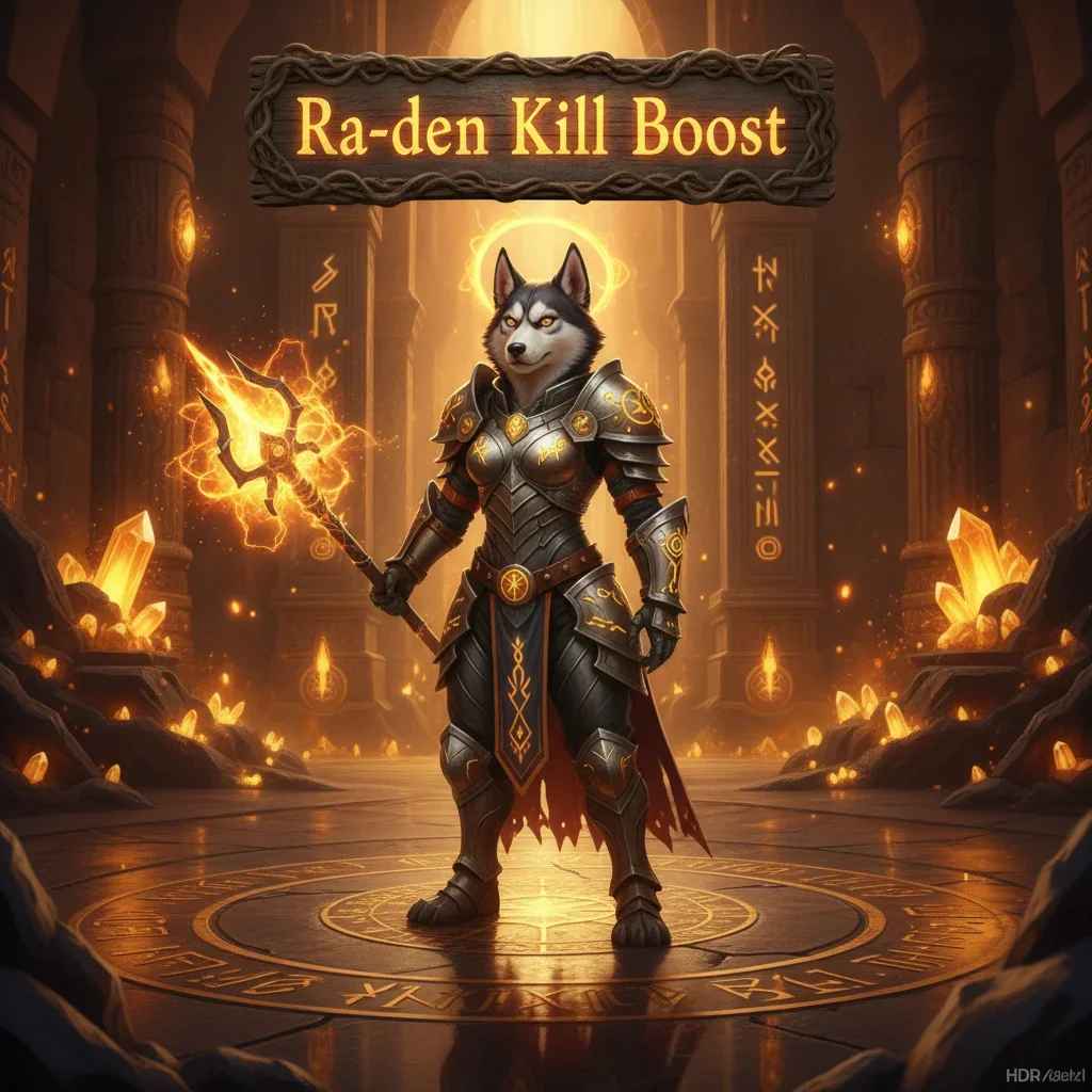 Fantasy artwork featuring an anthropomorphic Husky character in heroic fantasy armor, inspired by the Ra-den kill boost content in World of Warcraft Mists of Pandaria Classic, set in a mystical raid environment.