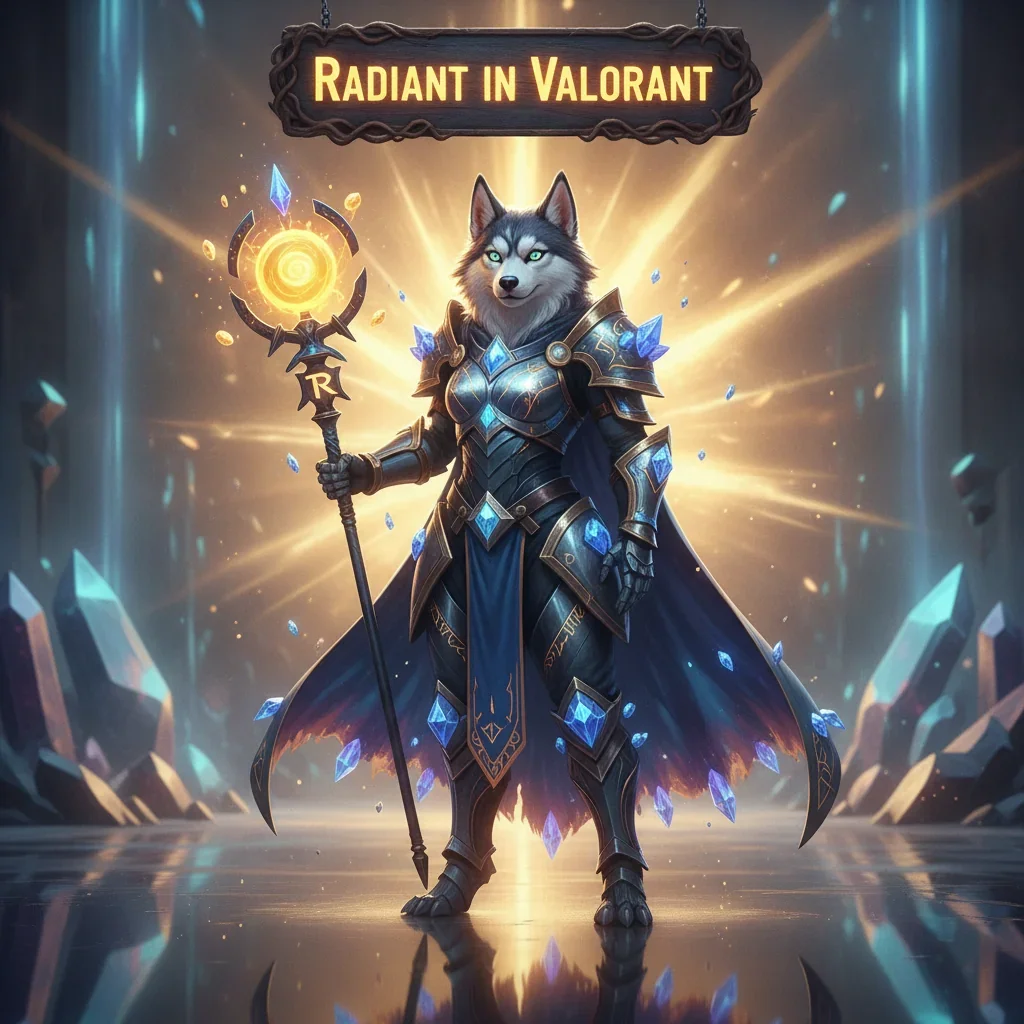 Anthropomorphic husky character in ornate fantasy armor, standing heroically amidst a glowing, ethereal game-inspired environment, representing high-tier progression objectives.